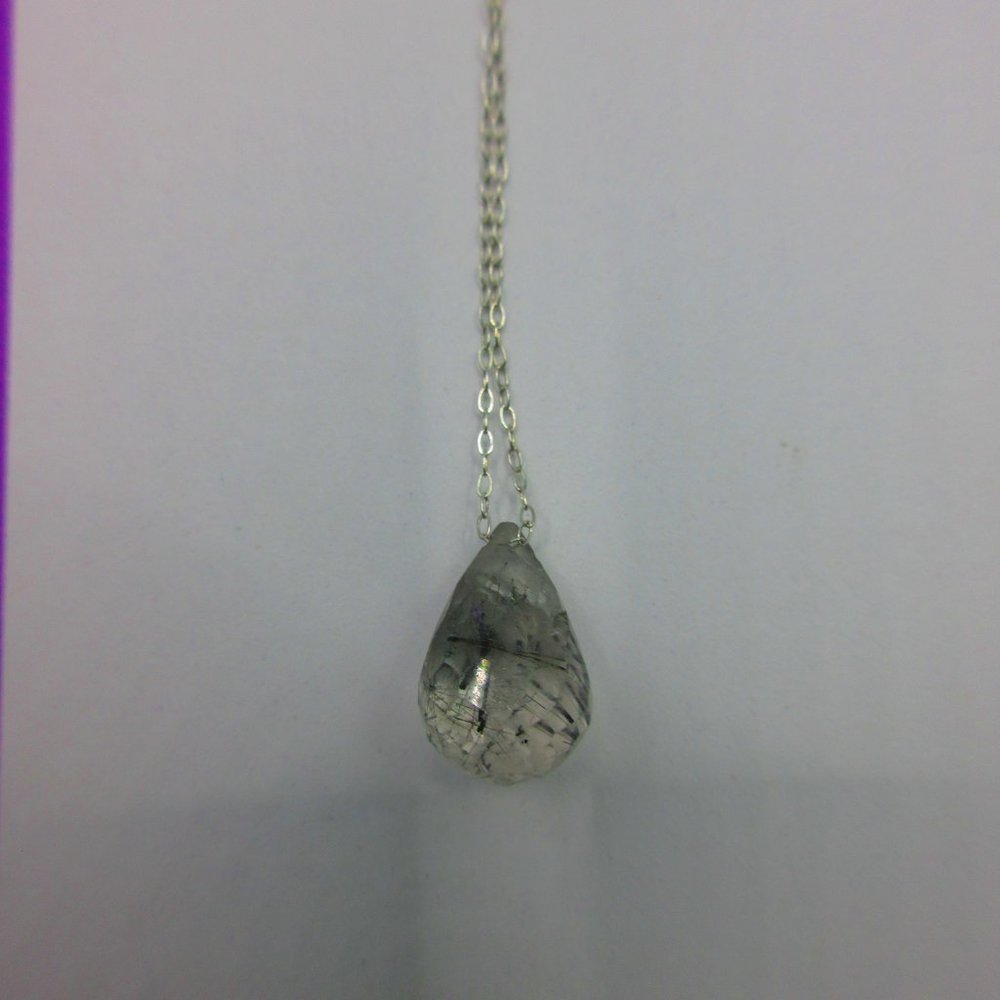 Tourmalinated Quartz Faceted Drop 18" Necklace Sterling Silver